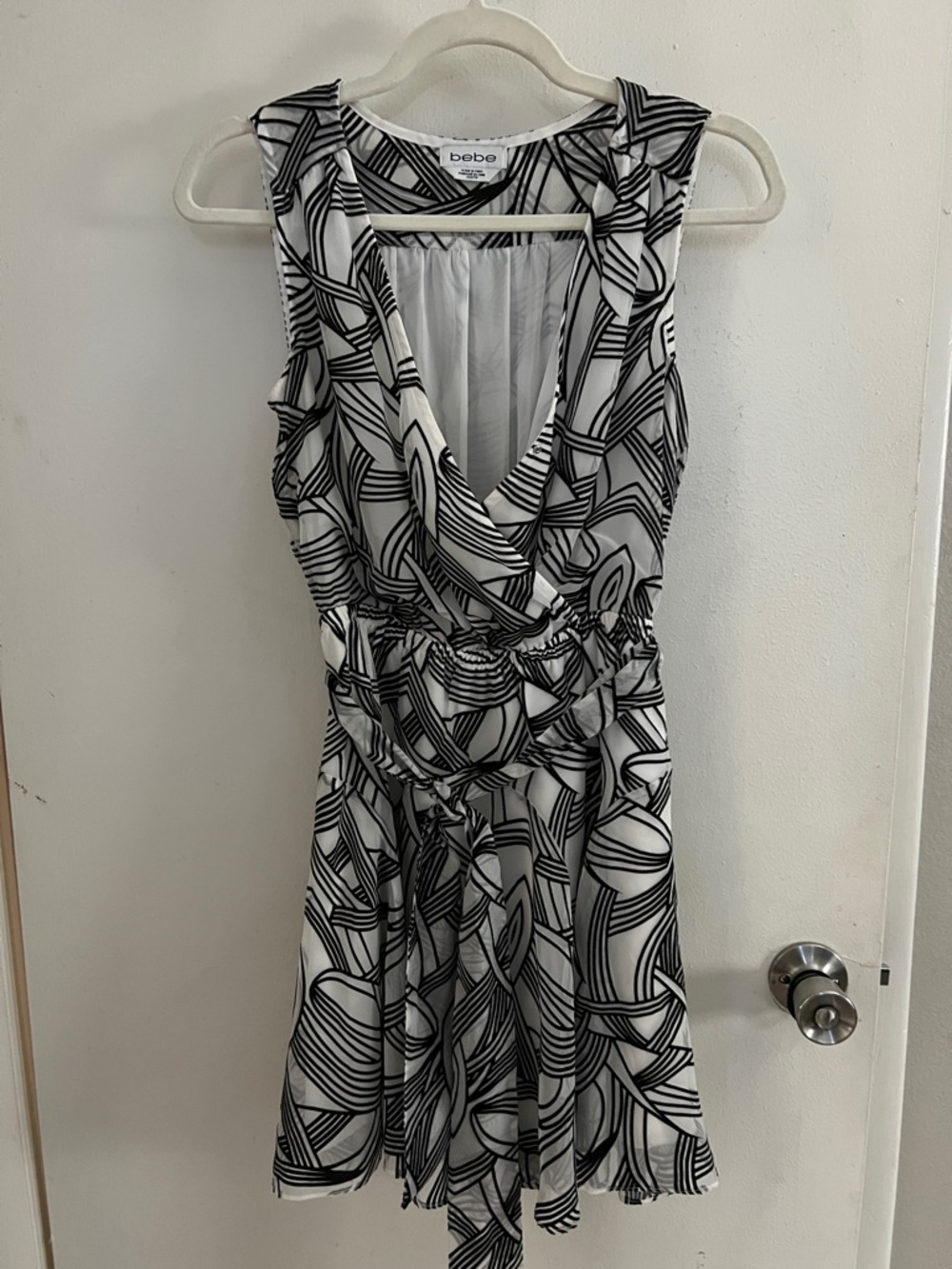 bebe Y2K Black & White Geometric Surplice Tie-Waist Mini Dress